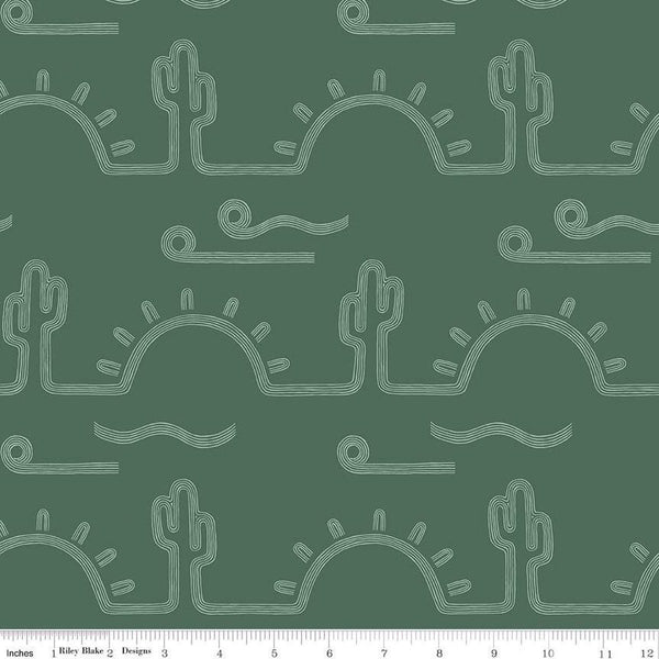 SALE Arid Oasis Desert Sunrise C12492 Hunter by Riley Blake Designs - Cactus Cacti Sun Line-Drawn - Quilting Cotton Fabric