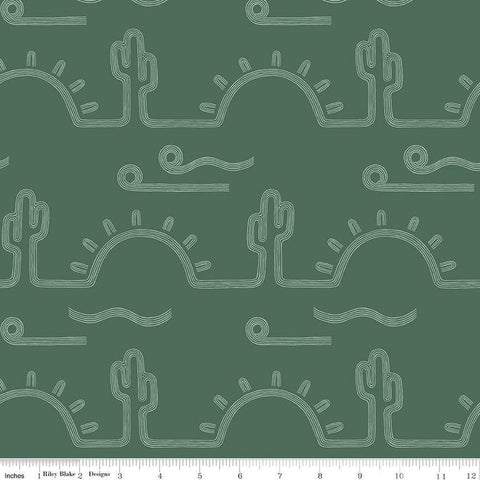 Arid Oasis Desert Sunrise C12492 Hunter by Riley Blake Designs - Cactus Cacti Sun Line-Drawn - Quilting Cotton Fabric