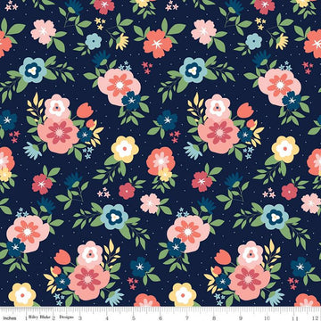Sew Much Fun Main C12450 Navy - Riley Blake Designs - Floral Flowers Pin Dots - Quilting Cotton Fabric