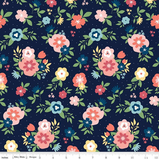 Sew Much Fun Main C12450 Navy - Riley Blake Designs - Floral Flowers Pin Dots - Quilting Cotton Fabric