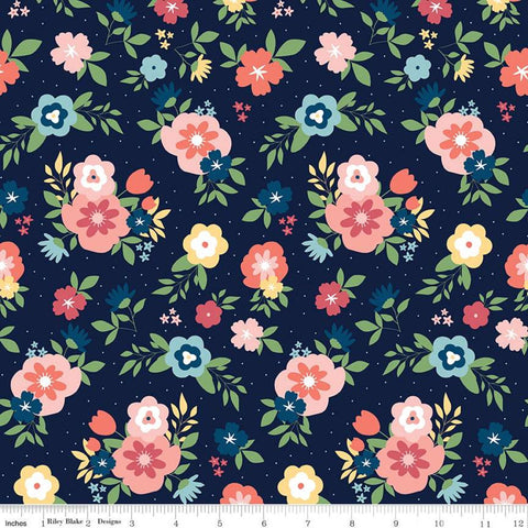 Sew Much Fun Main C12450 Navy by Riley Blake Designs - Floral Flowers Pin Dots - Quilting Cotton Fabric