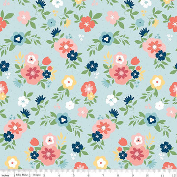SALE Sew Much Fun Main C12450 Sky - Riley Blake Designs - Floral Flowers Pin Dots - Quilting Cotton Fabric