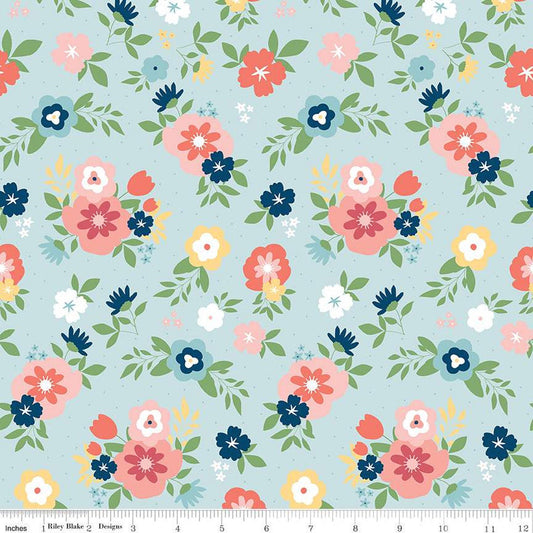 SALE Sew Much Fun Main C12450 Sky - Riley Blake Designs - Floral Flowers Pin Dots - Quilting Cotton Fabric