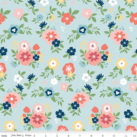 Sew Much Fun Main C12450 Sky by Riley Blake Designs - Floral Flowers Pin Dots - Quilting Cotton Fabric
