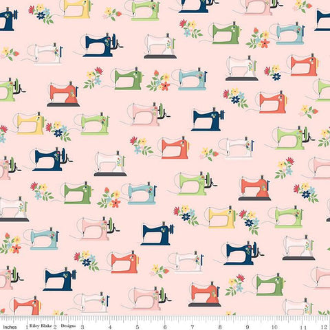 Sew Much Fun Sewing Machines C12451 Pink by Riley Blake Designs - Vintage Machines Flowers - Quilting Cotton Fabric