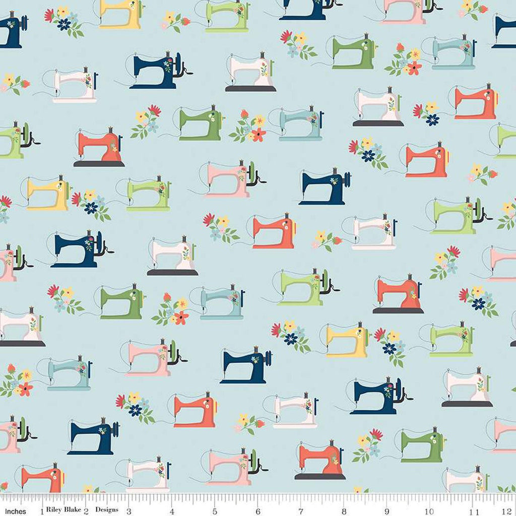 Sew Much Fun Sewing Machines C12451 Sky by Riley Blake Designs - Vintage Machines Flowers - Quilting Cotton Fabric