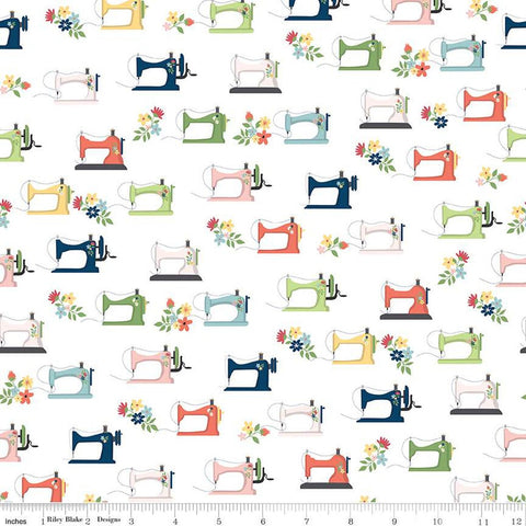 Sew Much Fun Sewing Machines C12451 White by Riley Blake Designs - Vintage Machines Flowers - Quilting Cotton Fabric