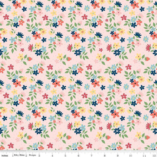 SALE Sew Much Fun Floral C12456 Pink - Riley Blake Designs - Flowers Pin Dots Sewing - Quilting Cotton Fabric