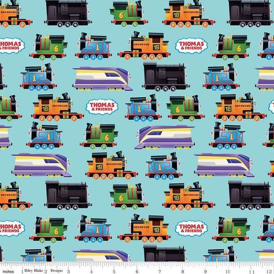 SALE Full Steam Ahead with Thomas & Friends Engines CD12511 Aqua - Riley Blake - DIGITALLY PRINTED - Quilting Cotton - Licensed Product