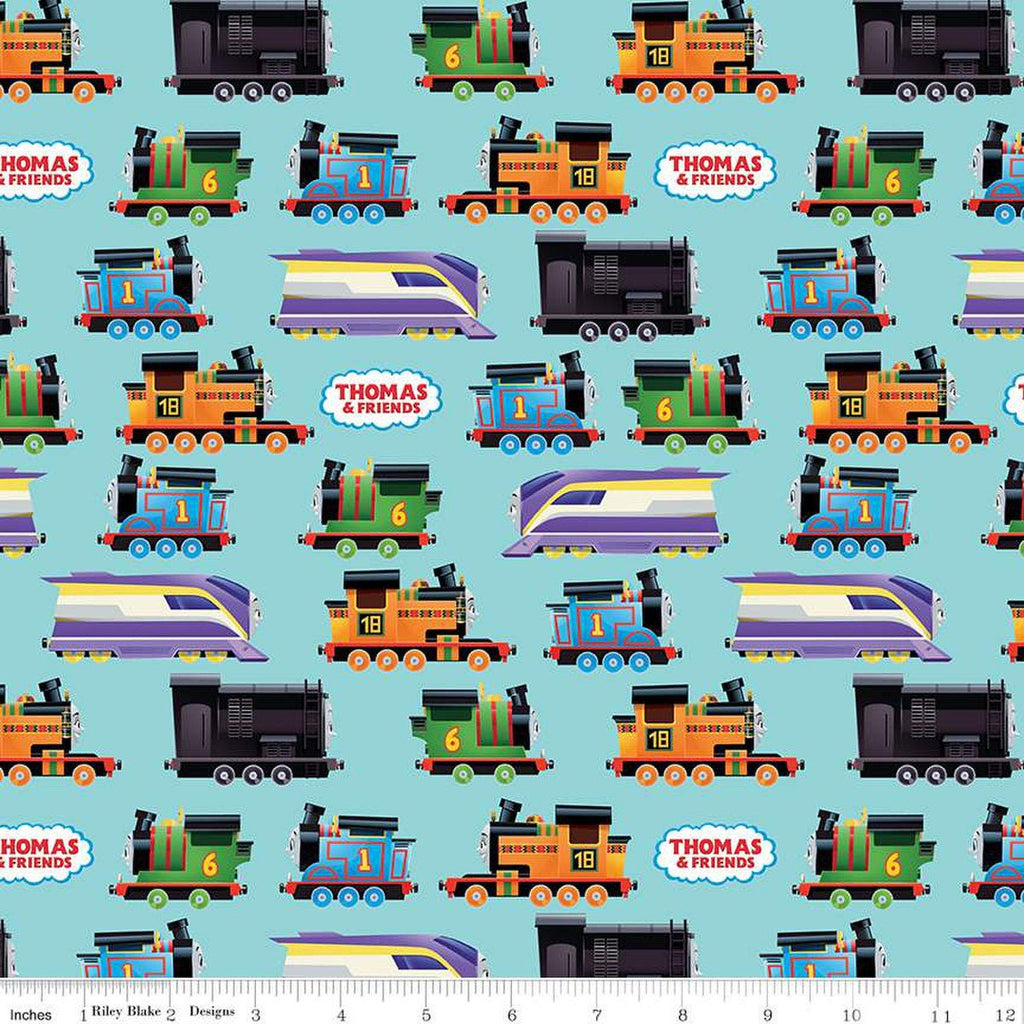 Full Steam Ahead with Thomas and Friends Engines CD12511 Aqua - Riley Blake Designs - Trains Logo DIGITALLY PRINTED - Quilting Cotton