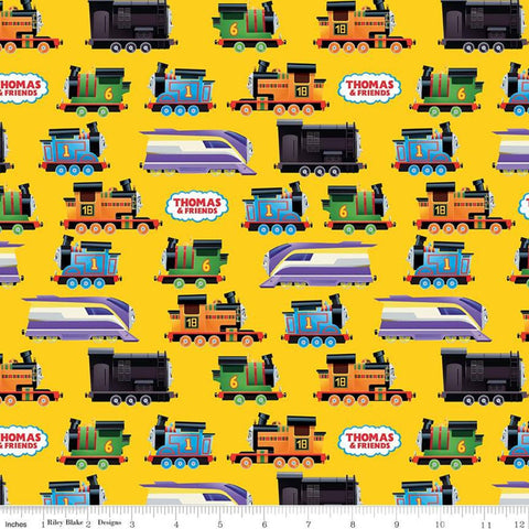 CLEARANCE Full Steam Ahead with Thomas and Friends Engines CD12511 Yellow - Riley Blake Designs - Trains DIGITALLY PRINTED - Quilting Cotton