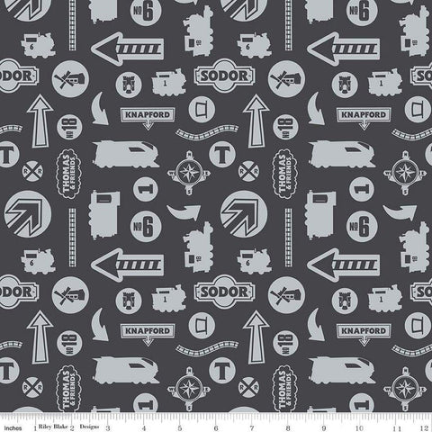 CLEARANCE Full Steam Ahead with Thomas and Friends Tonal C12513 Charcoal - Riley Blake - Trains Signs Logo Children's - Quilting Cotton