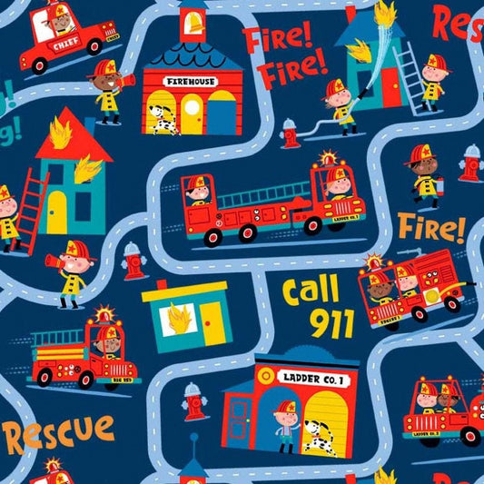 22" End of Bolt - Ladder Co. 1 Fire! Fire! DDC10581 Navy by Michael Miller - Engines Trucks Firefighters Ladder - Quilting Cotton Fabric