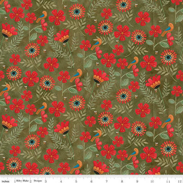 Stitchy Birds Flowers C12601 Green - Riley Blake Designs - Sewing Folk Art Floral Bees - Quilting Cotton Fabric