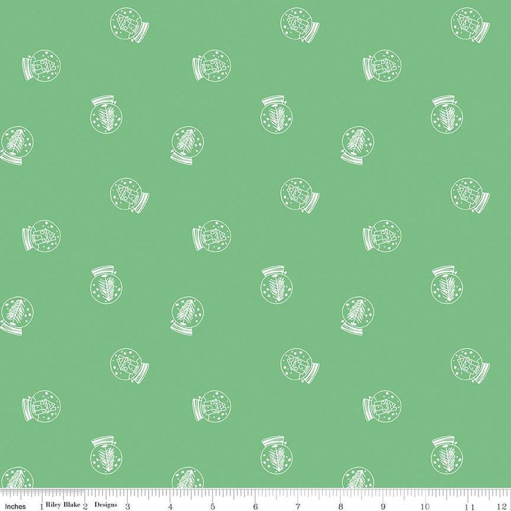17" End of Bolt - SALE FLANNEL Pixie Noel 2 Snow Globes F12582 Green - Riley Blake - Christmas Trees Houses Cottages - FLANNEL Cotton Fabric