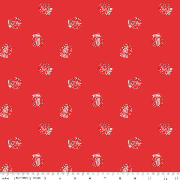 CLEARANCE FLANNEL Pixie Noel 2 Snow Globes F12582 Red - Riley Blake Designs - Christmas Trees Houses Cottages - FLANNEL Cotton Fabric