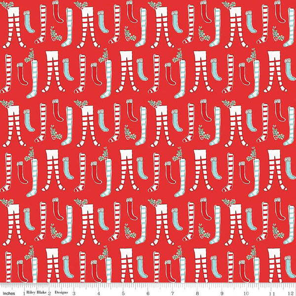 Fat Quarter End of Bolt - CLEARANCE FLANNEL Pixie Noel 2 Stockings F12581 Red - Riley Blake Designs - Christmas Stocking - FLANNEL Cotton