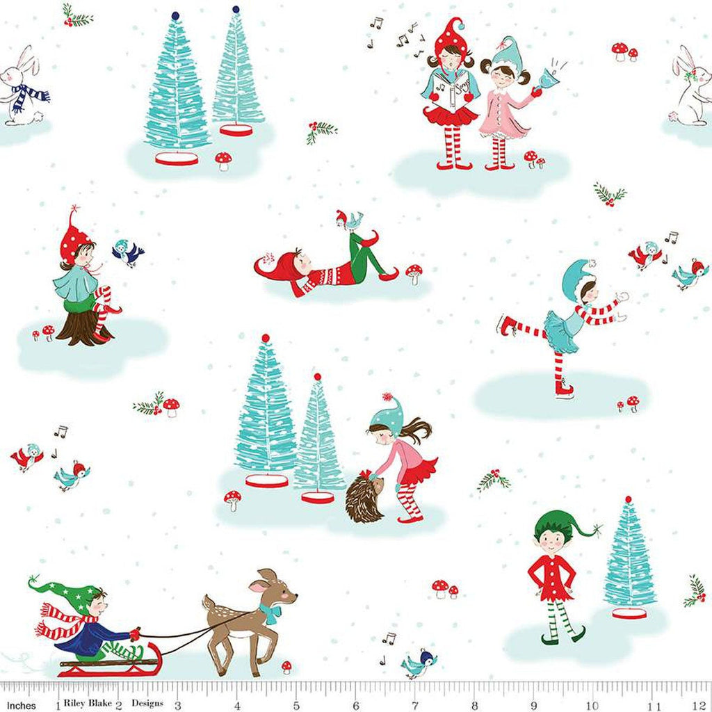 SALE FLANNEL Pixie Noel 2 Main F12580 White - Riley Blake Designs - Christmas Winter Pixies Animals - FLANNEL Cotton Fabric