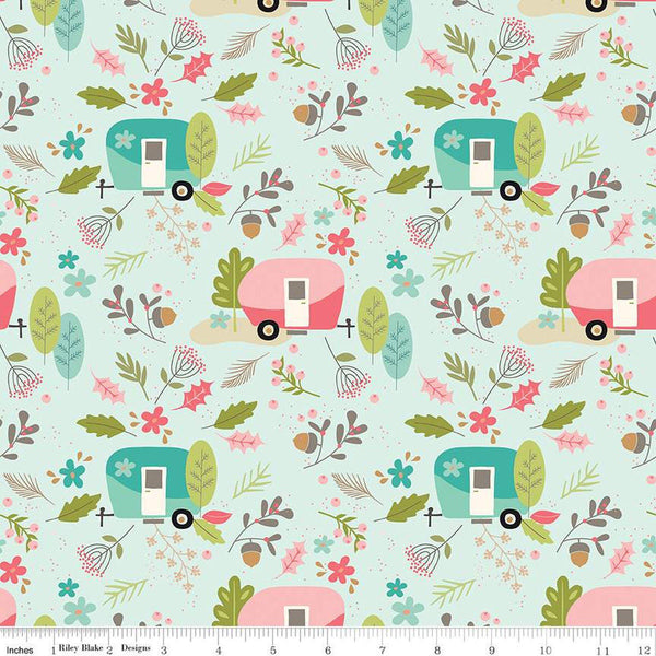 SALE FLANNEL Glamp Camp Main F12578 Mint - Riley Blake Designs - Camping Trailers Flowers Leaves  - FLANNEL Cotton Fabric