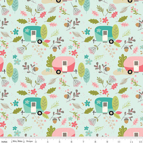 FLANNEL Glamp Camp Main F12578 Mint - Riley Blake Designs - Camping Trailers Flowers Leaves  - FLANNEL Cotton Fabric