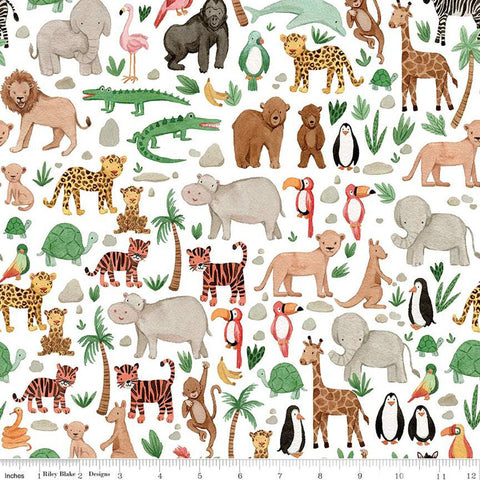 FLANNEL Wild Side Animals F12577 White - Riley Blake - Lions Giraffes Tigers Zebras Hippos Elephants Monkeys - FLANNEL Cotton Fabric