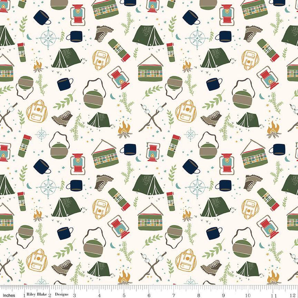 Love You S'more Main C12140 Cream by Riley Blake Designs - Camping Tents Boots Lanterns Canteens Campfires - Quilting Cotton Fabric