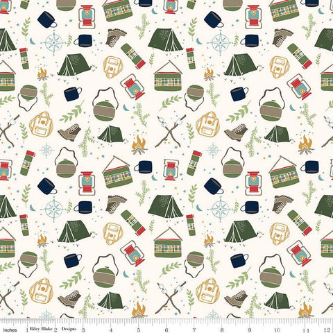 Love You S'more Main C12140 Cream by Riley Blake Designs - Camping Tents Boots Lanterns Canteens Campfires - Quilting Cotton Fabric