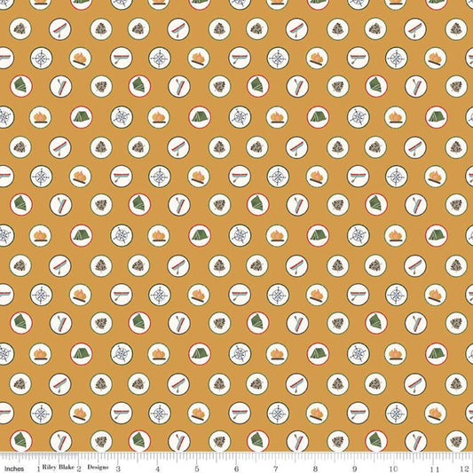 Fat Quarter End of Bolt - CLEARANCE Love You S'more Badges C12141 Gold by Riley Blake  - Camp Camping Icons Dots - Quilting Cotton