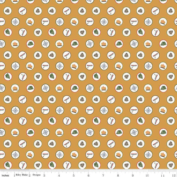 CLEARANCE Love You S'more Badges C12141 Gold by Riley Blake  - Camp Camping Icons Dots - Quilting Cotton