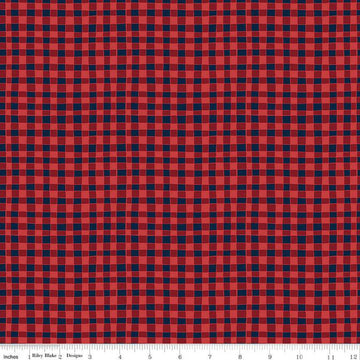 DEAL Love You S'more PRINTED Gingham C12143 Red - Riley Blake - Camp Camping Irregular Navy Blue/Red Checks - Quilting Cotton Fabric