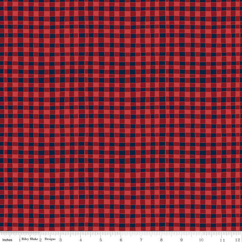 Love You S'more PRINTED Gingham C12143 Red by Riley Blake - Camp Camping Irregular Navy Blue/Red Checks - Quilting Cotton Fabric