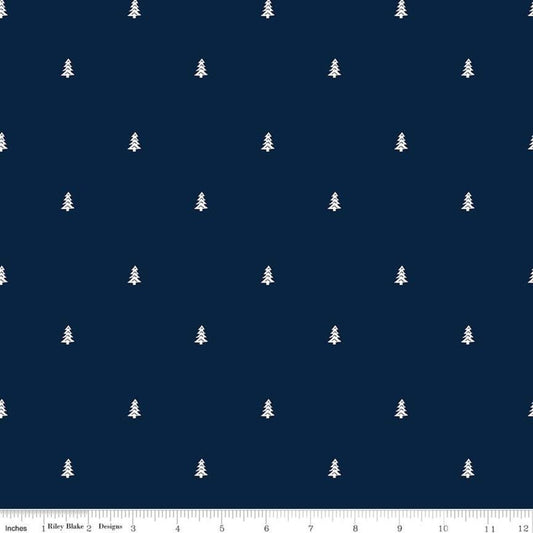 Love You S'more Trees C12146 Navy - Riley Blake Designs - Camp Camping White Pines Pine Tree - Quilting Cotton Fabric