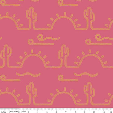 CLEARANCE Arid Oasis Desert Sunrise C12492 Raspberry - Riley Blake Designs - Cactus Cacti Sun Line-Drawn - Quilting Cotton Fabric