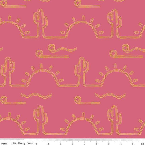 SALE Arid Oasis Desert Sunrise C12492 Raspberry by Riley Blake Designs - Cactus Cacti Sun Line-Drawn - Quilting Cotton Fabric