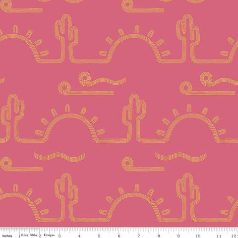 Arid Oasis Desert Sunrise C12492 Raspberry by Riley Blake Designs - Cactus Cacti Sun Line-Drawn - Quilting Cotton Fabric