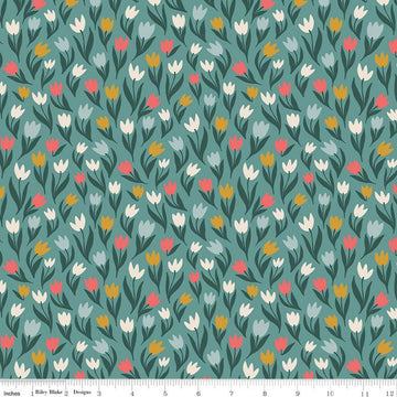 Fat Quarter End of Bolt - Fairy Dust Tulips C12443 Light Teal - Riley Blake Designs - Floral Flowers - Quilting Cotton Fabric