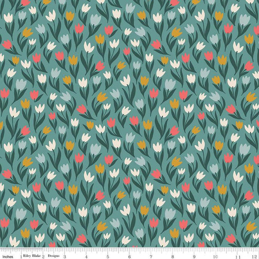 Fat Quarter End of Bolt - Fairy Dust Tulips C12443 Light Teal - Riley Blake Designs - Floral Flowers - Quilting Cotton Fabric