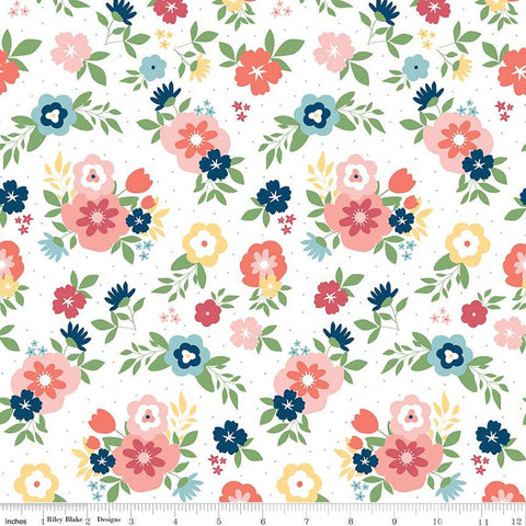Sew Much Fun Main C12450 White by Riley Blake Designs - Floral Flowers Pin Dots - Quilting Cotton Fabric