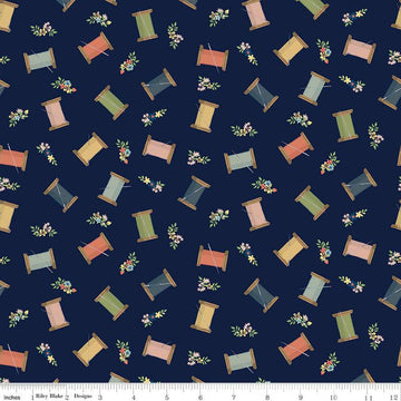 SALE Sew Much Fun Thread Spools C12452 Navy - Riley Blake Designs - Spools Flowers Sewing - Quilting Cotton Fabric