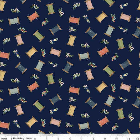 SALE Sew Much Fun Thread Spools C12452 Navy - Riley Blake Designs - Spools Flowers Sewing - Quilting Cotton Fabric
