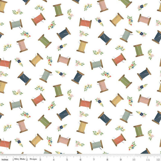 SALE Sew Much Fun Thread Spools C12452 White - Riley Blake Designs - Spools Flowers Sewing - Quilting Cotton Fabric