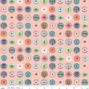 SALE Sew Much Fun Spool Toppers C12454 Pink - Riley Blake Designs - Vintage Thread Labels Sewing - Quilting Cotton Fabric