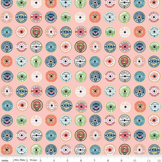 SALE Sew Much Fun Spool Toppers C12454 Pink - Riley Blake Designs - Vintage Thread Labels Sewing - Quilting Cotton Fabric