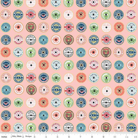Sew Much Fun Spool Toppers C12454 Pink by Riley Blake Designs - Vintage Thread Labels Sewing - Quilting Cotton Fabric