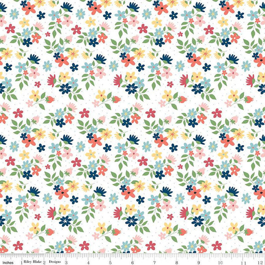 SALE Sew Much Fun Floral C12456 White - Riley Blake Designs - Flowers Pin Dots Sewing - Quilting Cotton Fabric