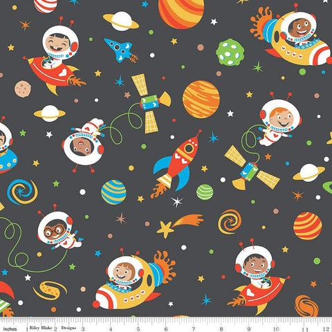 FLANNEL Blast Off Main F12590 Charcoal - Riley Blake - Children's Space Astronauts Spaceships Planets Stars - FLANNEL Cotton Fabric