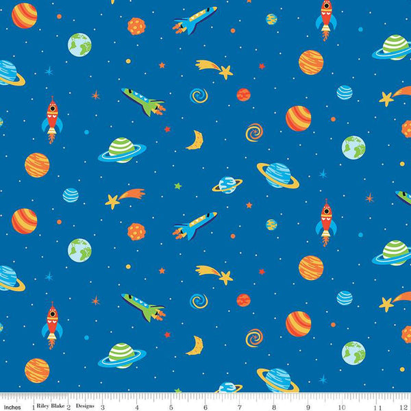 FLANNEL Blast Off Outer Space F12591 Blue - Riley Blake Designs - Children's Spaceships Planets Stars - FLANNEL Cotton Fabric