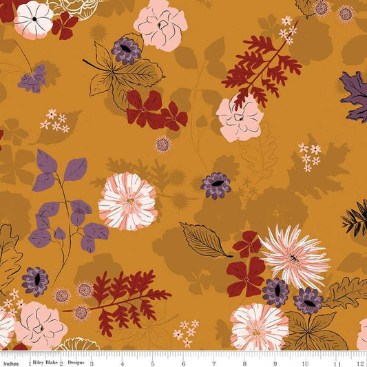 CLEARANCE Maple Main C12470 Gold - Riley Blake Designs - Floral Flowers Leaves - Quilting Cotton Fabric