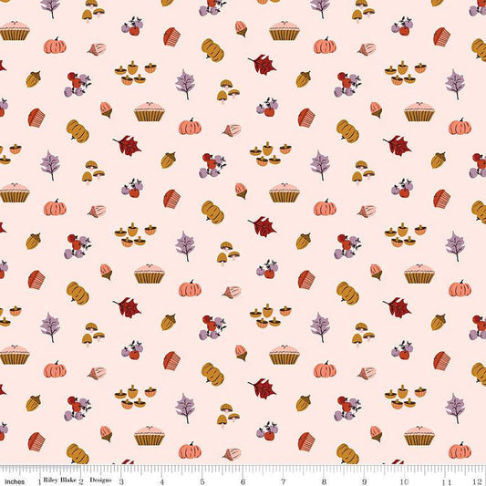 SALE Maple Harvest C12473 Blush - Riley Blake Designs - Pumpkins Leaves Pies Acorns Apples Mushrooms - Quilting Cotton Fabric