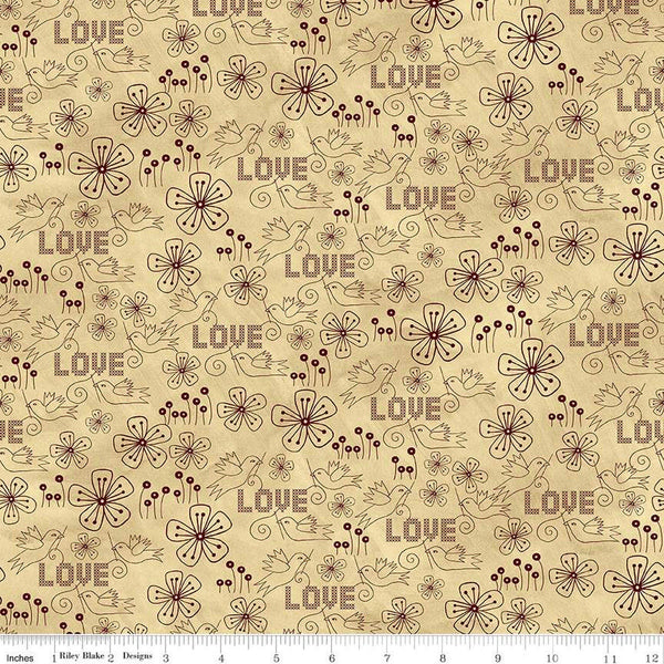 SALE Stitchy Birds Love C12604 Parchment by Riley Blake - Folk Art Flowers Cross-Stitch Text Birds Tone-on-Tone - Quilting Cotton Fabric